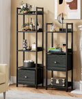 5 Tier Bookshelf With Drawer And Industrial Style Bakers Rack In Black with decorative items in living room setting