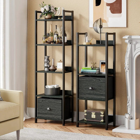 5 Tier Bookshelf With Drawer And Industrial Style Bakers Rack In Black with decorative items in living room setting