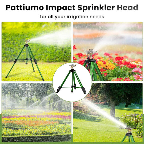 Two Pack 360 Degree Rotary Lawn Sprinklers On Metal Tripod Bases With Adjustable Height spraying water on lawns and flowers