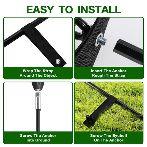 Installation steps of 18 Inch Ground Anchors Screw In Heavy Duty Kit Quad Pack With Wrenches And Straps for secure outdoor setups.
