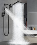 Big 8 Inch Rain Shower Head With Handheld Spray High Pressure Rainfall Kit in chrome, water flowing in modern bathroom.