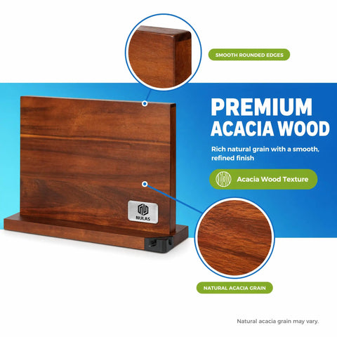 Built In Sharpener Magnetic Knife Block With Double Sided Storage, acacia wood, smooth texture, Nulas logo displayed.