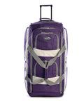 Olympia U.S.A. 29in purple wheeled duffel bag, front view with gray accents, retractable handle, multiple pockets