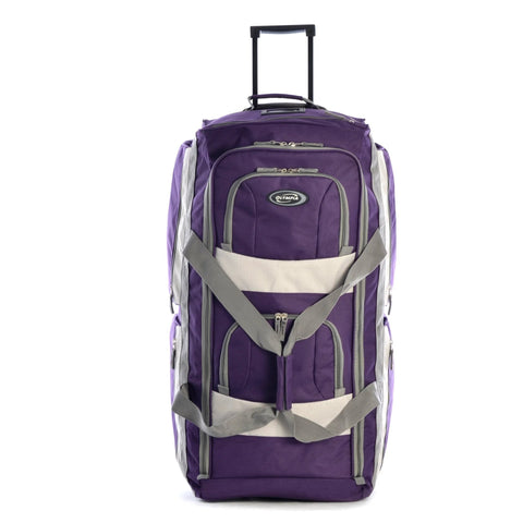 Olympia U.S.A. 29in purple wheeled duffel bag, front view with gray accents, retractable handle, multiple pockets