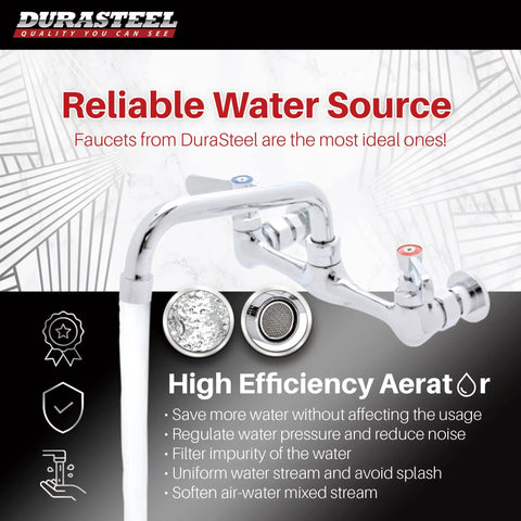 Commercial Wall Mount Kitchen Sink Faucet With 8 Inch Center, 6 Inch Swivel Spout, Chrome Finish, Close-up with Aerator Features.