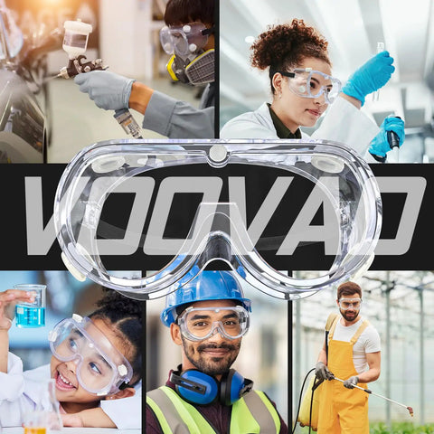 Anti-Fog Safety Goggles For Lab Use With ANSI Z87.1 Rating, Adjustable Fit Over Glasses Design, showcased in various lab environments