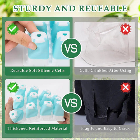 Comparison of reusable silicone seed starter trays vs fragile materials, showing 12 Pack Reusable Seed Starter Trays With 144 Flexible Pop Out Cells For No Fuss Seed Starting And Transplanting Indoor Greenhouse Kit For Gardeners Who Love Quick Transplants And Healthy Seedlings advantages.