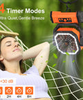 Portable 20000mAh Rechargeable Camping Fan With LED Light Remote USB C and USB A Charging 4 Speeds Timer in hammock setting