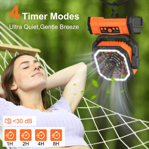 Portable 20000mAh Rechargeable Camping Fan With LED Light Remote USB C and USB A Charging 4 Speeds Timer in hammock setting