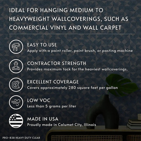 Heavy Duty Clear Wallpaper Adhesive With Extra Tack For Vinyl And Nonwoven Wallpapers Non Staining Formula 1 Gallon product info