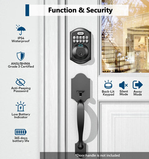 Sleek Matte Black Fingerprint Deadbolt Smart Lock Offering Straight Up Game Changing Keyless Security With AI Fast Unlock Sensor and Sturdy Touchscreen Keypad Setup on door.