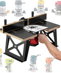 USA Made Portable Benchtop Router Table With Straight Up Precision Fence, handheld router attachment in use, black and birch design.