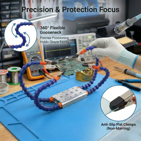 4 Arm 11.8 Inch Gooseneck Helping Hands Pro Grade With 360 Degree Rotatable Anti Slip Flat Clamps For Soldering and Electronics Repair Third Hand PCB Holder in use on workbench.