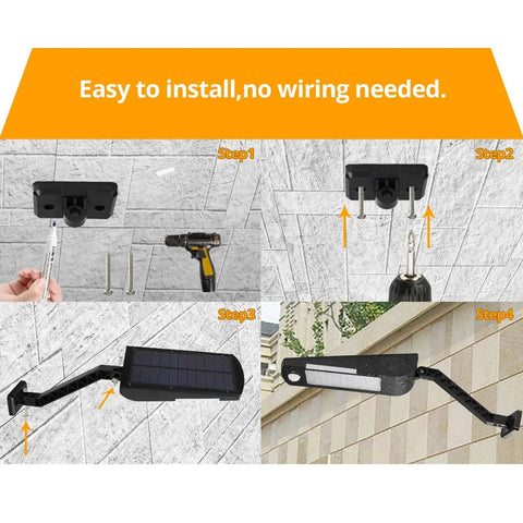 Wireless Outdoor Solar Flood Lights With Motion Sensor Two Pack installation steps on tiled wall, showing no wires needed.
