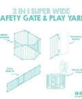 Diagram of 56 to 130 Inch Wide Baby Gate and Play Yard, 2 in 1 Adjustable Safety Gate illustrating setup and features