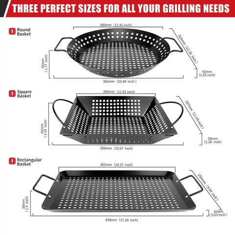 Three piece grill basket set with round, square, and rectangular pans, showcasing nonstick design and riveted handles for outdoor grilling.