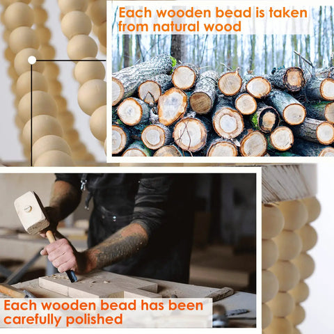 Crafting Three Light Mini Wood Beaded Boho Plug In Chandelier beads from natural wood, polished for smooth texture.