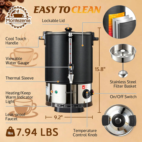 Boss Level 50 Cup Coffee Urn With Temperature Control And 1200W Power For Office Party Catering, highlighting features.