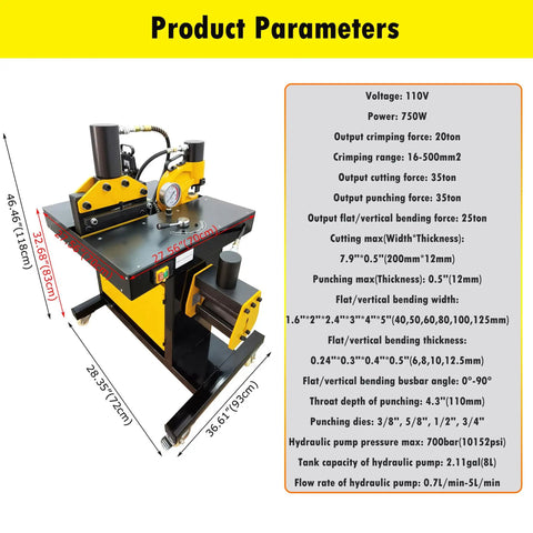 Beast Mode Heavy Duty 4 In 1 Electric Hydraulic Busbar Processing Machine with parameters and dimensions listed