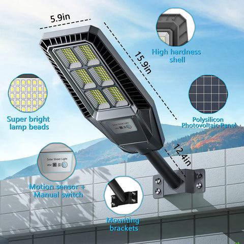 Two Pack 300W LED Solar Street Lights Outdoor IP66 Waterproof 30000 Lumens 6500K Dusk To Dawn With Motion Sensor And Remote Control