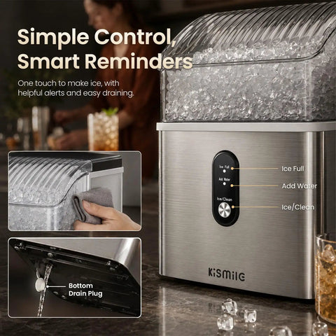 Top Tier Countertop Nugget Ice Maker Churns Out 35 Pounds Of Chewable Pebble Ice In Just Seven Minutes With Self Cleaning Design And Removable Basket For Everyday Chill Sessions In Silver, showcasing controls and ice.