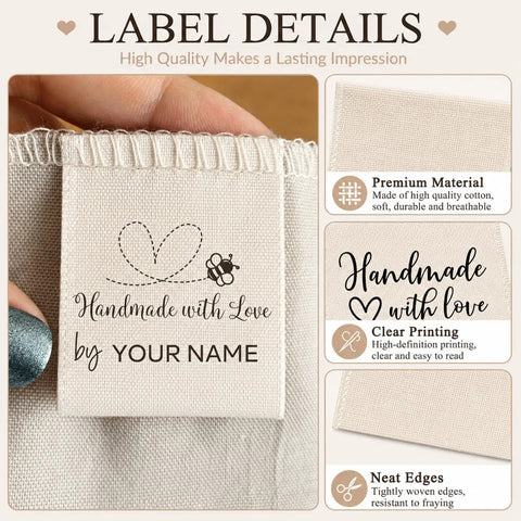 Next Level Custom Cotton Tags Straight Up Premium Fabric Sewing Labels For Quilting Knitting Handmade Clothing Branding Markers Machine Washable Care Instructions 40X50Mm with heart design and clear printing