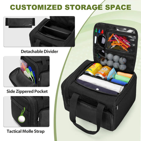 Golf Trunk Organizer Bag With Bottom Shoe Space, Reinforced Structure, Multiple Pockets, shown open with gear displayed