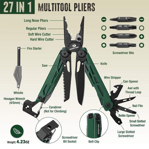 CNC Machined Multitool Pliers 27 In 1 EDC Tool with knife, fire starter, whistle, bottle opener, and screwdriver, shown with tools extended.