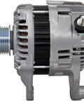 Side view of remanufactured alternator for cars and trucks with high temp bearings and double lipped seals, durable replacement part.