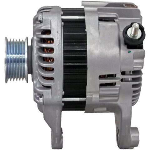 Side view of remanufactured alternator for cars and trucks with high temp bearings and double lipped seals, durable replacement part.