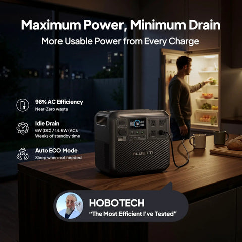 Elite 200 V2 Portable Power Station With 2073.6Wh LFP Battery on kitchen counter next to refrigerator, showcasing AC outlets and eco mode.