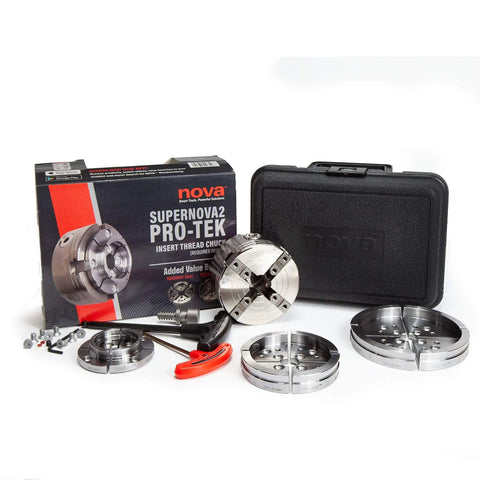 Insert Type Nickel Plated Wood Lathe Chuck Bundle with laser etched jaw set, star fasteners, T handle, and travel case.