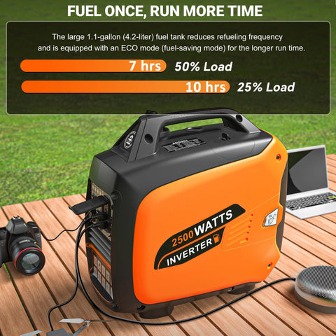 2500 Watt Portable Inverter Generator Ultra Quiet On The Go Power For Camping And Tailgating Plus Home Backup With CO Sensor Auto Fuel Off And Parallel Ready EPA Compliant Orange on wooden deck