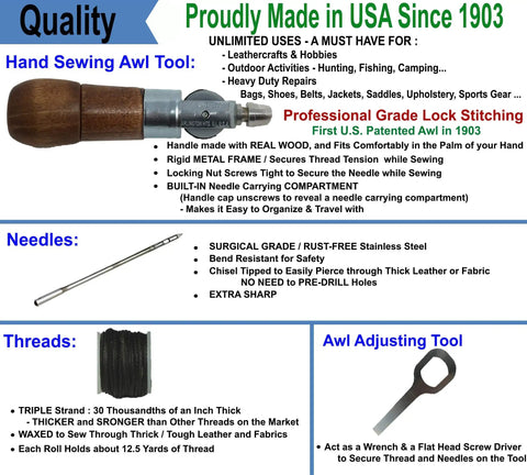 Heavy Duty Sewing Awl Repair Tool For Bounce Houses Inflatables Leather Thick Fabric Shoes Bags And Upholstery Includes Needles And Thread Made In USA Pro Grade image showing wooden handle awl, needles, and thread