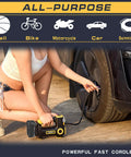 Slick Cordless Tire Inflator Compatible With DeWalt 20V Battery Portable Air Compressor shown filling a car tire.