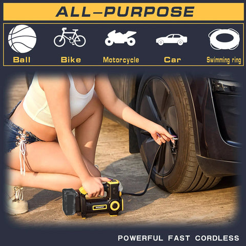 Slick Cordless Tire Inflator Compatible With DeWalt 20V Battery Portable Air Compressor shown filling a car tire.