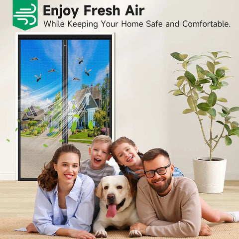 Upgraded Magnetic Screen Door With Full Strip Magnets, Heavy Duty Fiberglass Mesh, installed on a door, with family and dog.