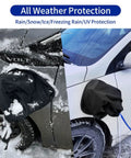 Outdoor All Weather EV Charger Port Cover With Magnetic Attachment on snowy and sunny vehicles