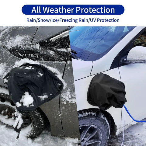 Outdoor All Weather EV Charger Port Cover With Magnetic Attachment on snowy and sunny vehicles