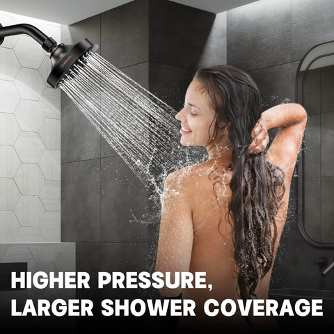 Woman enjoying Five Mode High Pressure Shower Head With High Flow 4 Inch Oil Rubbed Bronze Finish Five Settings in bathroom