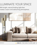 Three Light Floor Lamp With Pull Chain Operation, Two-Tier Storage, Black Base And Brown Textured Fabric Shades in living room.