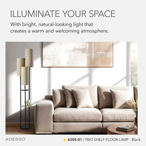 Three Light Floor Lamp With Pull Chain Operation, Two-Tier Storage, Black Base And Brown Textured Fabric Shades in living room.