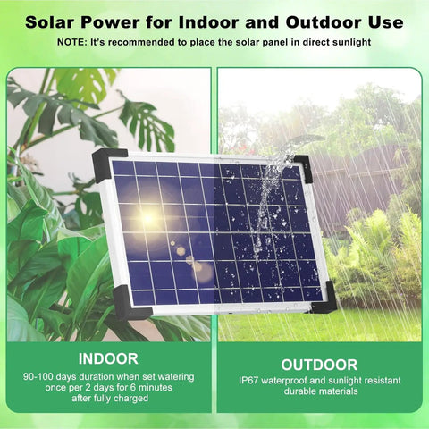 Solar Drip Irrigation System With Timer For Garden, Patio And Raised Beds, solar panel in indoor and outdoor settings