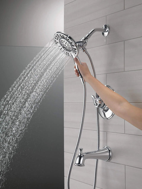 Linden 17 Series No Brainer Dual Function Tub And Shower Trim Kit With In2ition 4 Spray Handheld Shower Head Chrome Finish, 2 In 1 Shower Head With Hose, Valve Not Included, Rough In For Universal Valve, Lifetime Limited Warranty, handheld shower being used.