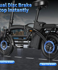 Folding Electric Bike With 1000W Peak Motor 25 MPH Top Speed 14 Inch E Bike showing dual disc brakes on city street