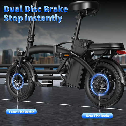 Folding Electric Bike With 1000W Peak Motor 25 MPH Top Speed 14 Inch E Bike showing dual disc brakes on city street