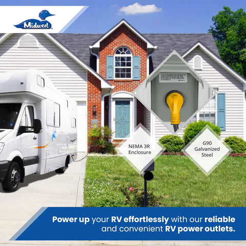 Weatherproof Temporary RV Outlet Box With 50A 14-50R Receptacle, 120/240V AC Power Supply, NEMA 3R Enclosure near RV and house