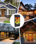 Collage of homes showcasing Solar Flame Lights Outdoor Waterproof Wall Mounted Night Lights with flickering flame effect.