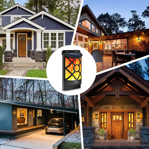 Collage of homes showcasing Solar Flame Lights Outdoor Waterproof Wall Mounted Night Lights with flickering flame effect.
