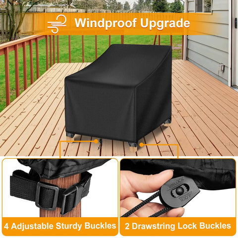 Black Heavy Duty All Weather Waterproof Patio Chair Cover on deck; features windproof buckles and drawstring locks; fits most chairs.